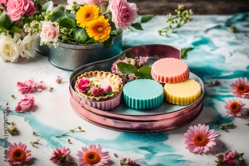 Handmade tartlet tin soaps on a watercolor background with flowers