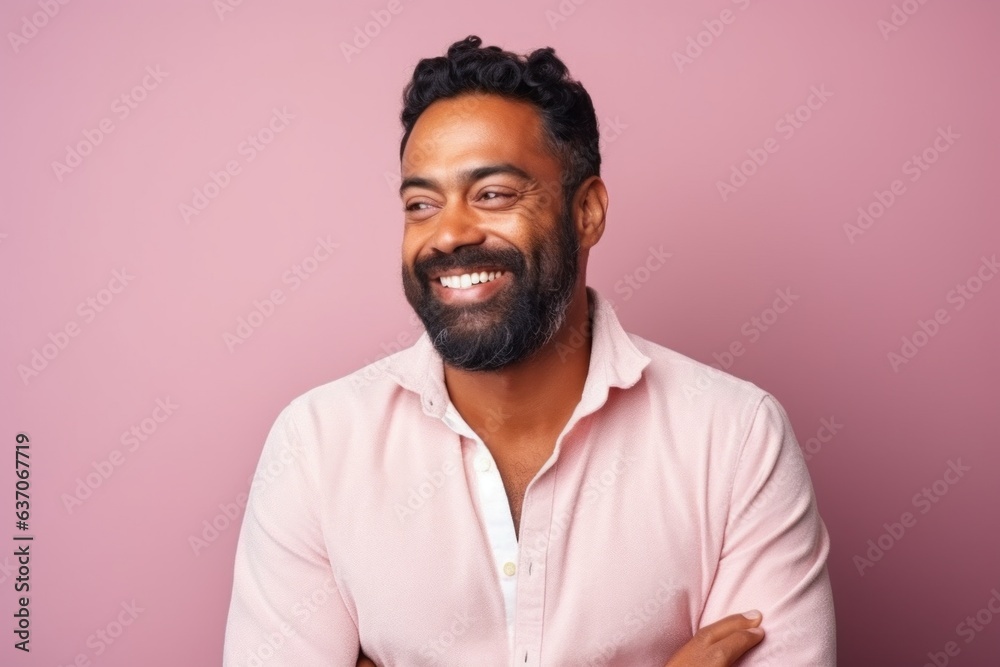 Cheerful indian man looking at camera and smiling while standing against pink background Cheerful indian man looking at camera and smiling while standing against pink background