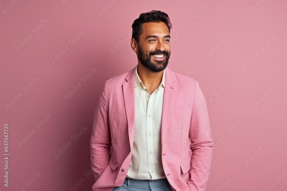 Portrait of a happy young indian man smiling against pink background Portrait of a happy young indian man smiling against pink background