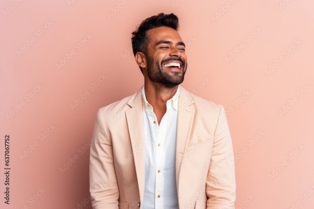 Handsome indian man smiling and looking away on pink background Handsome indian man smiling and looking away on pink background