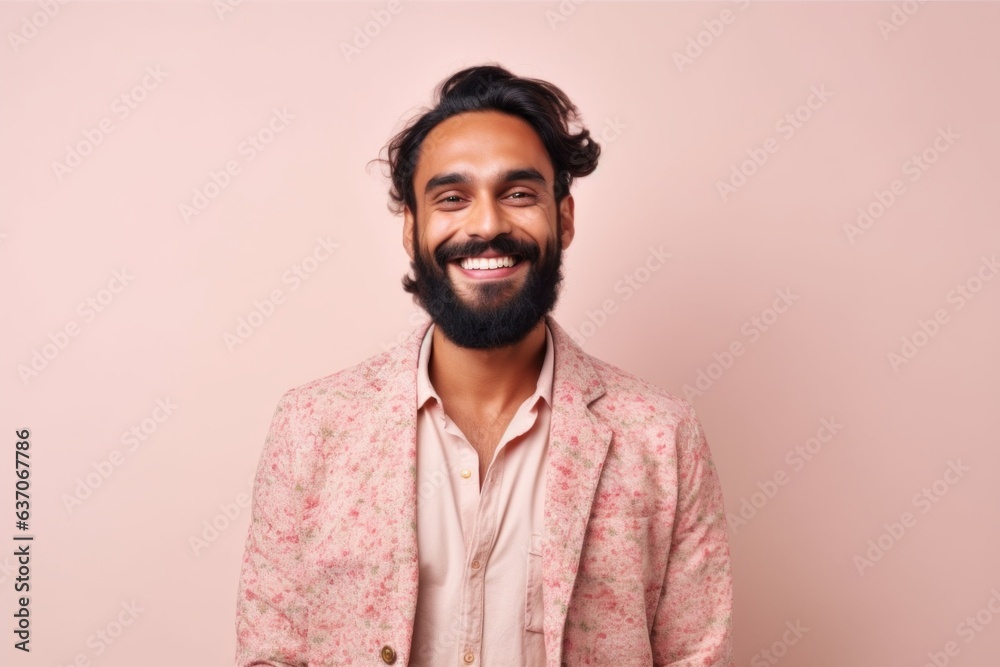 Portrait of a happy young indian man smiling against pink background Portrait of a happy young indian man smiling against pink background