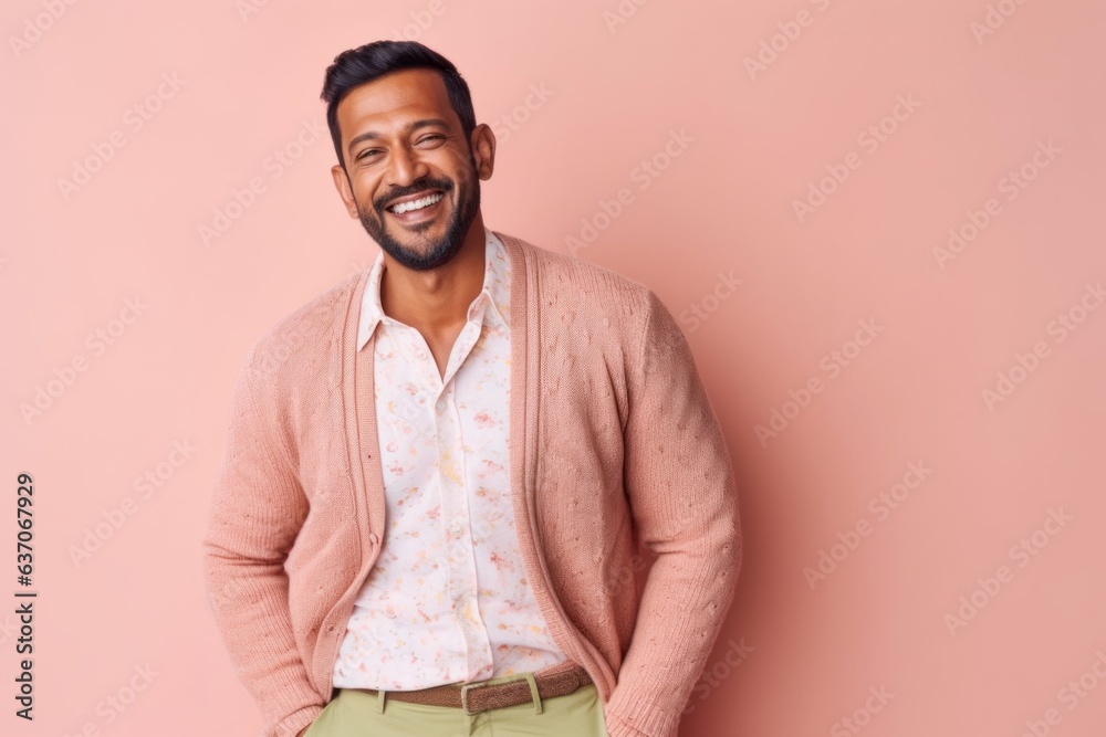 Fototapeta premium Portrait of happy indian man smiling at camera while standing against pink background