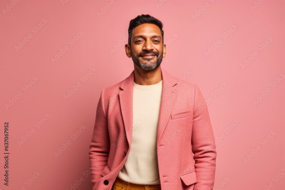 Obraz premium Young indian man over isolated pink wall smiling and looking to the side