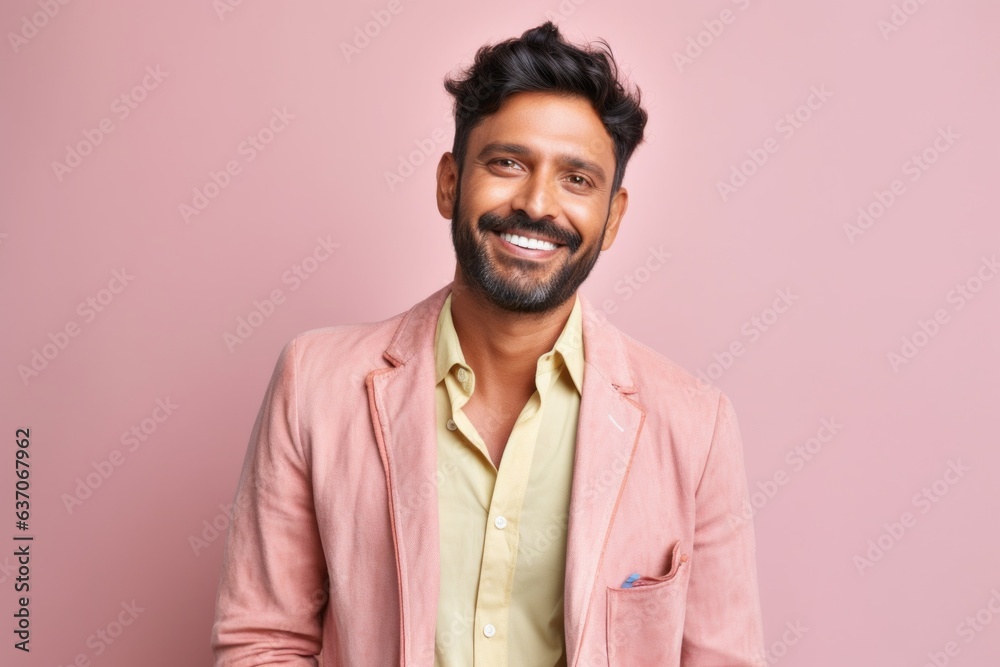 Portrait of a happy young indian man smiling against pink background Portrait of a happy young indian man smiling against pink background