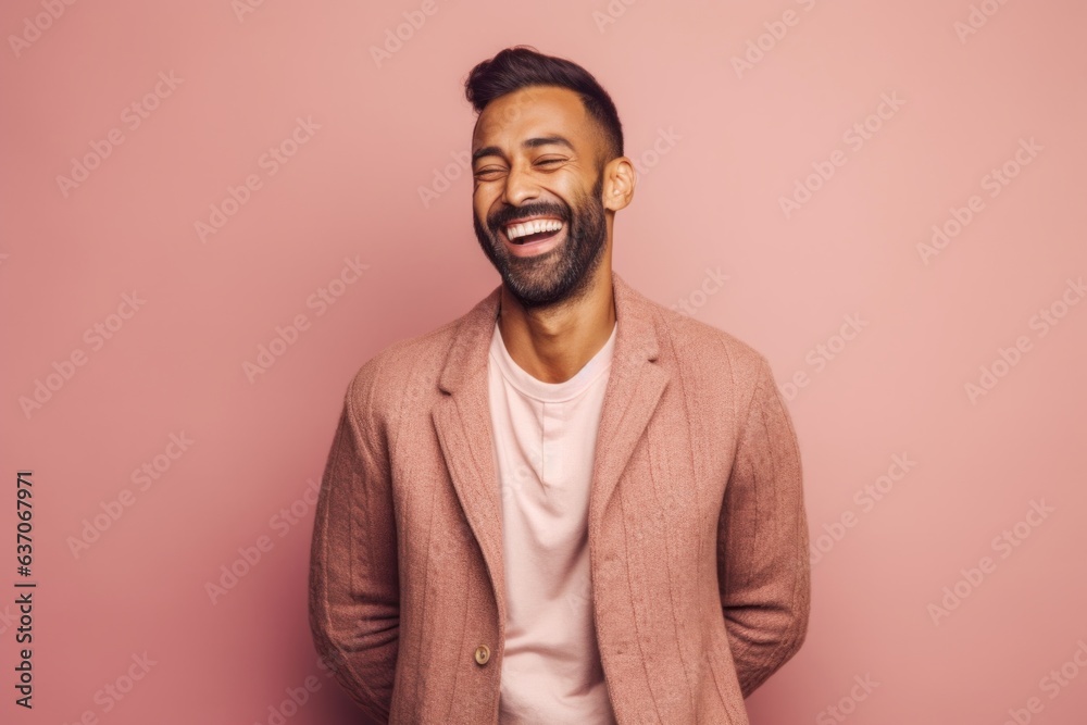 Obraz premium happy african american man in beige jacket on pink background