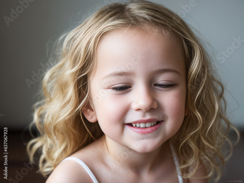 Digital portrait of positive beautiful very young laughing child with curly long blonde hair