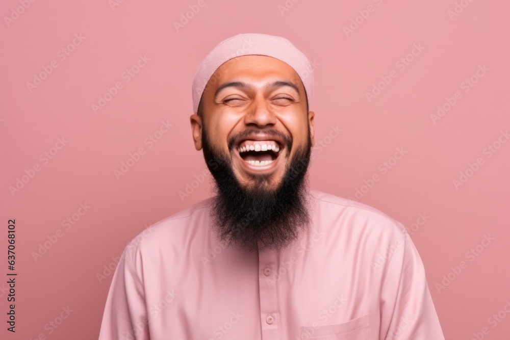 Portrait of a happy arab man with long beard in pink shirt and beret Portrait of a happy arab man with long beard in pink shirt and beret
