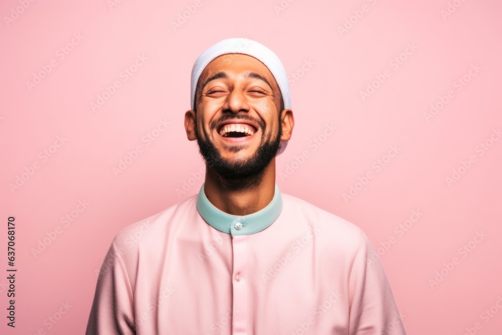 Portrait of a happy arabic man laughing. Isolated over pink background Portrait of a happy arabic man laughing. Isolated over pink background