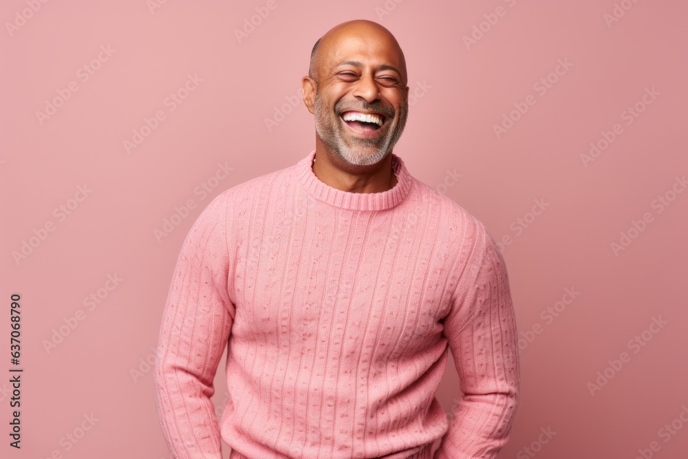 Portrait of happy mature african american man in pink sweater