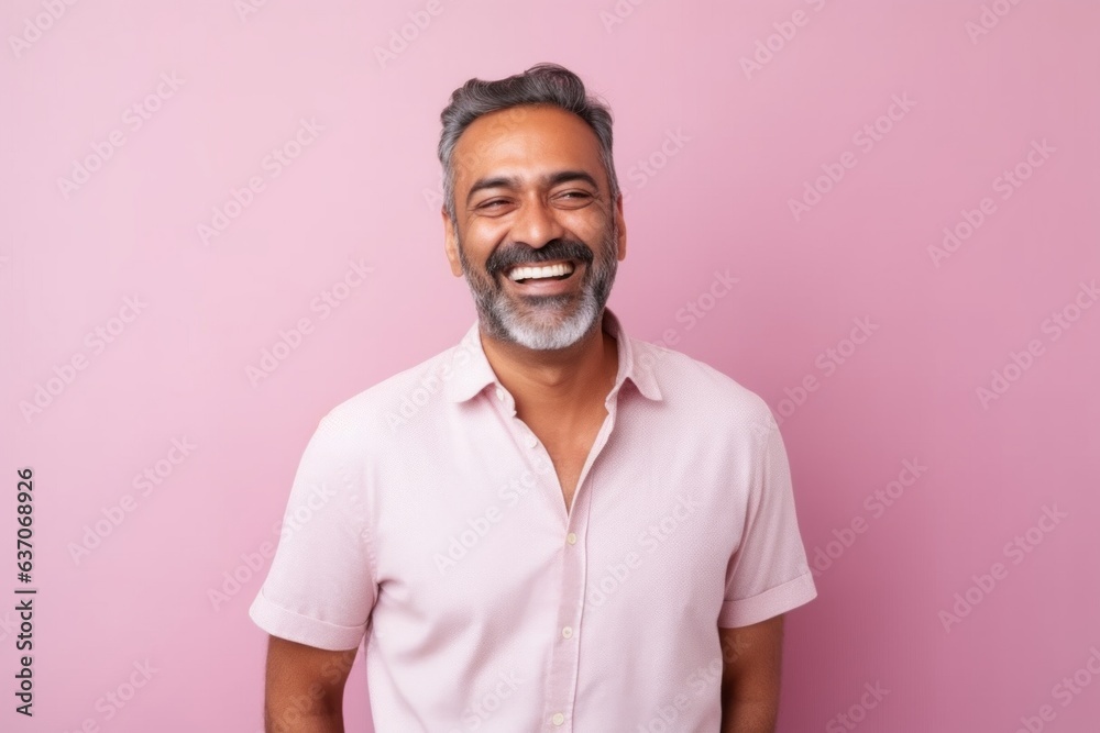 Portrait of a happy Indian man smiling at camera against pink background Portrait of a happy Indian man smiling at camera against pink background