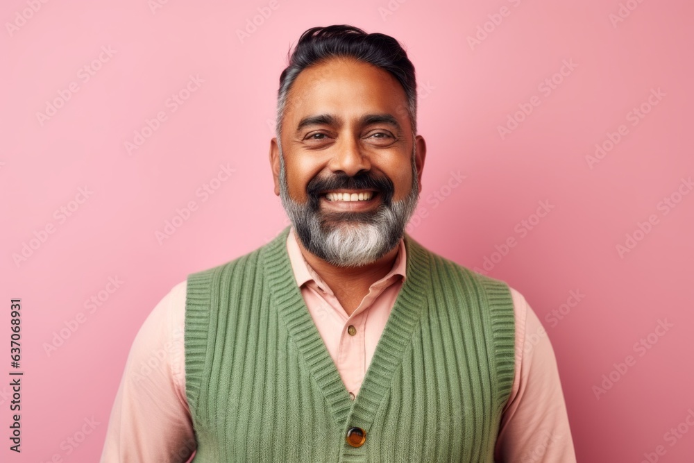 Portrait of a smiling Indian man in a green sweater on a pink background Portrait of a smiling Indian man in a green sweater on a pink background