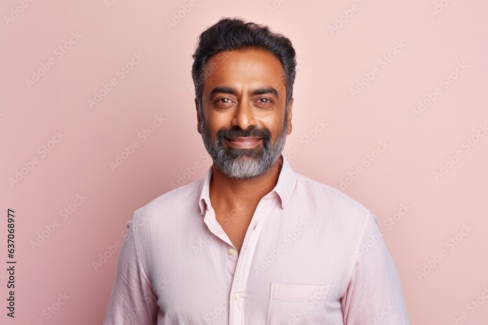 Portrait of a bearded Indian man in a pink shirt on a pink background