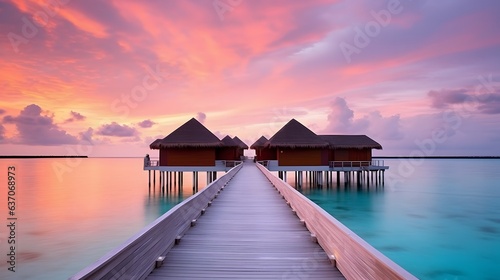 Tropical beach at Maldives with water bungalows at sunset. Wooden pier at Maldives with water bungalows at sunset.