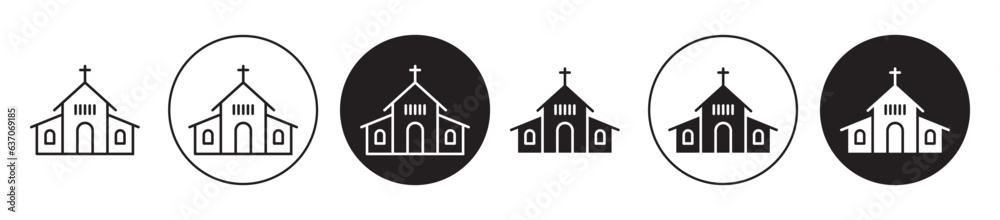 Church icon set. old christian religious church building with cross vector symbol in black color