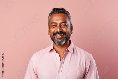 Portrait of a happy Indian man smiling and looking at camera against pink background