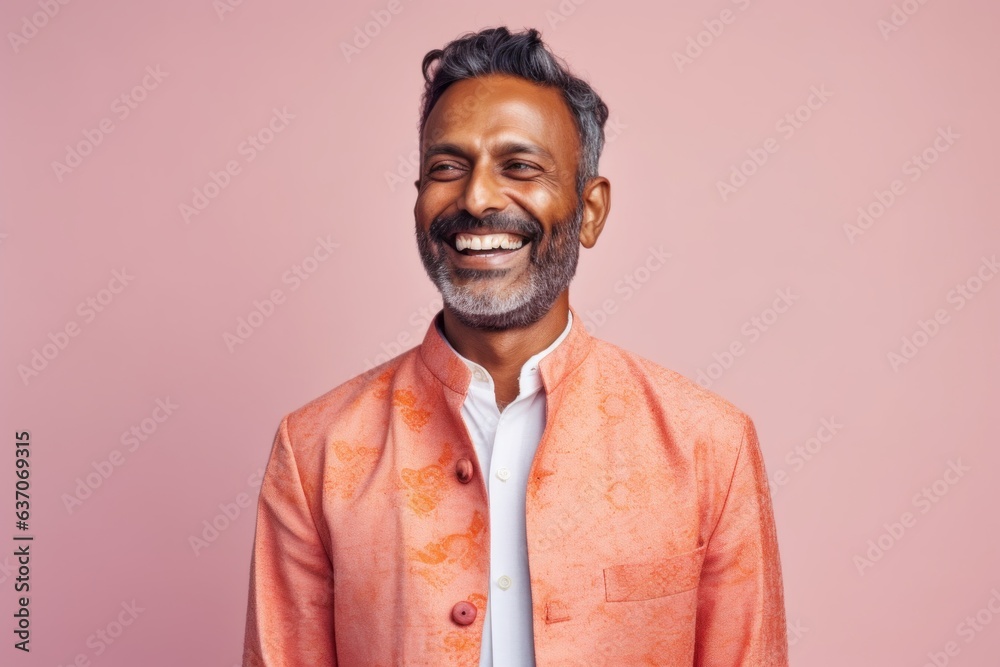 Obraz premium Portrait of a smiling Indian man in an orange jacket on a pink background