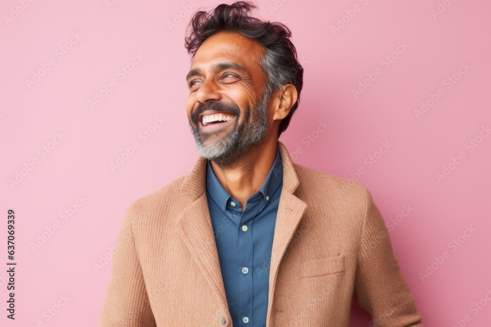 Portrait of a happy Indian man laughing and looking away isolated over pink background Portrait of a happy Indian man laughing and looking away isolated over pink background