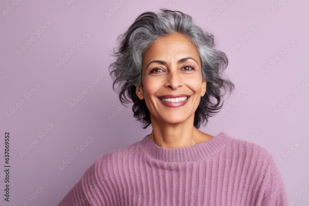Lifestyle portrait of an Indian woman in her 50s against a pastel or soft colors background wearing a cozy sweater Lifestyle portrait of an Indian woman in her 50s against a pastel or soft colors background wearing a cozy sweater