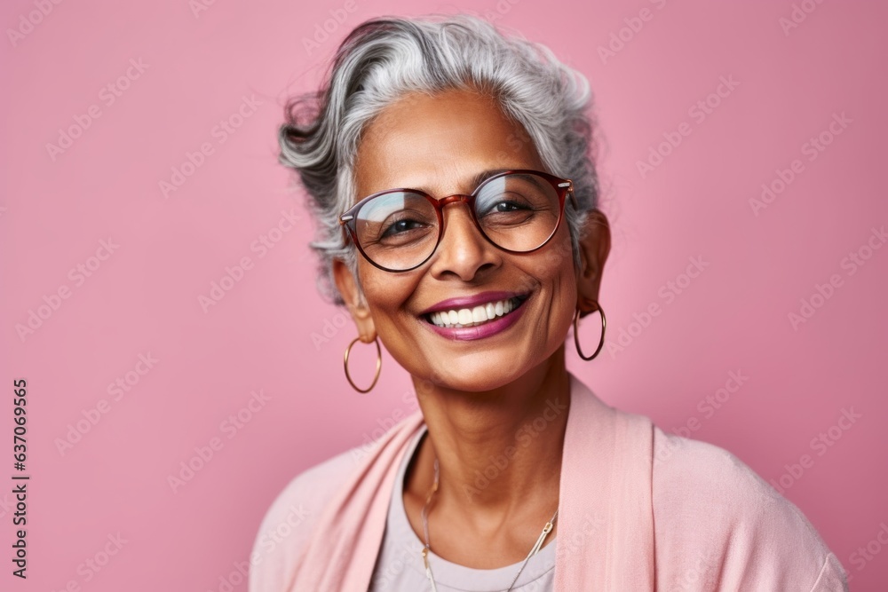 Portrait of smiling senior woman in eyeglasses against pink background