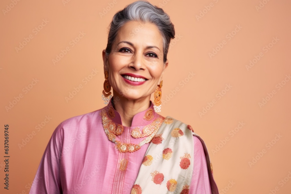 Portrait of a smiling mature woman wearing indian clothes isolated over beige background Portrait of a smiling mature woman wearing indian clothes isolated over beige background
