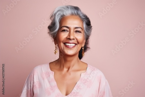 Portrait of a happy senior woman looking at camera over pink background