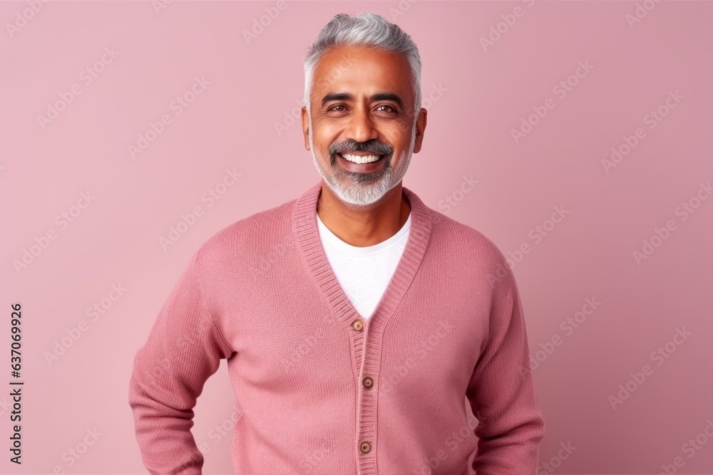 Obraz premium Portrait of an Indian man in a pink sweater on a pink background