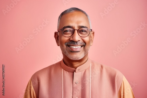 Portrait of a smiling Indian senior man wearing eyeglasses against pink background
