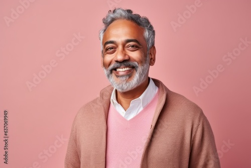 Portrait of a smiling Indian man standing against pink background and looking at camera