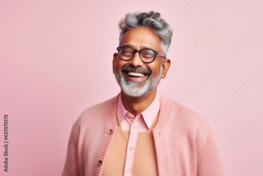 Portrait of a smiling indian man in glasses on a pink background