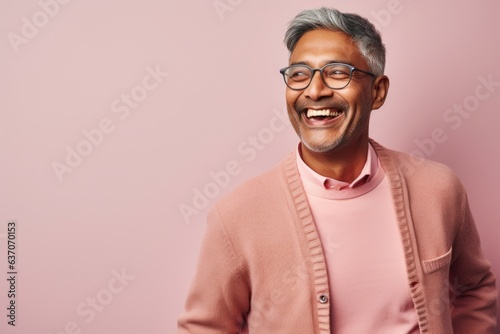 Portrait of a cheerful Indian asian man wearing eyeglasses standing against pink background © Leon Waltz