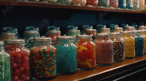 Candy store with jars full of colorful sweets.