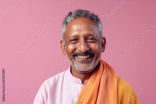 Portrait of Indian senior man smiling and looking at camera while standing against pink background