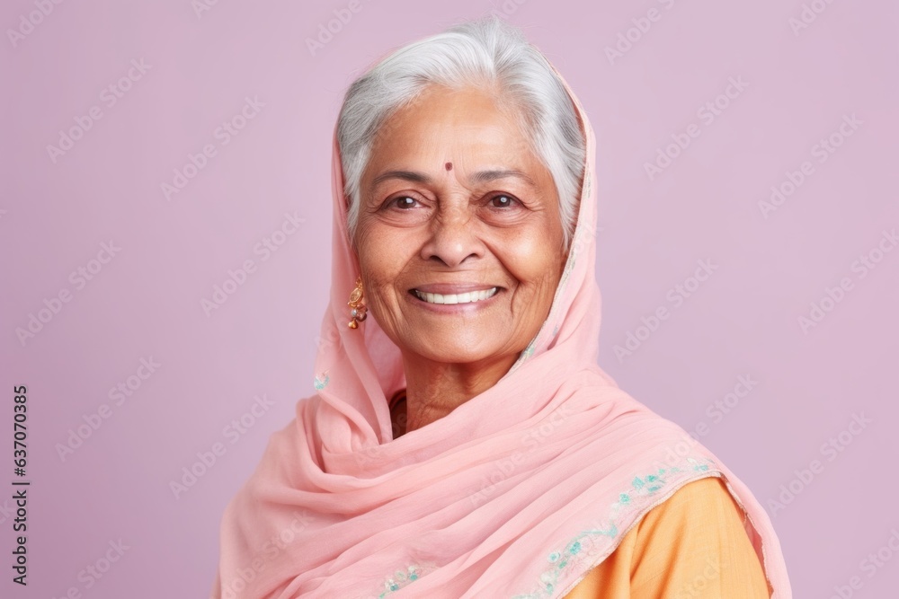 Portrait of a smiling senior Indian woman looking at camera over pink background Portrait of a smiling senior Indian woman looking at camera over pink background
