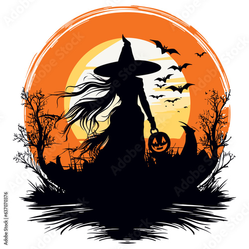 Halloween tshirt design, witch and pumpkin, poster design, isolated on transparent background, vector illustration.