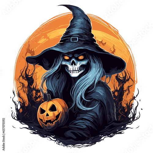 Fototapet Halloween tshirt design, witch and pumpkin, poster design, isolated on transparent background, vector illustration