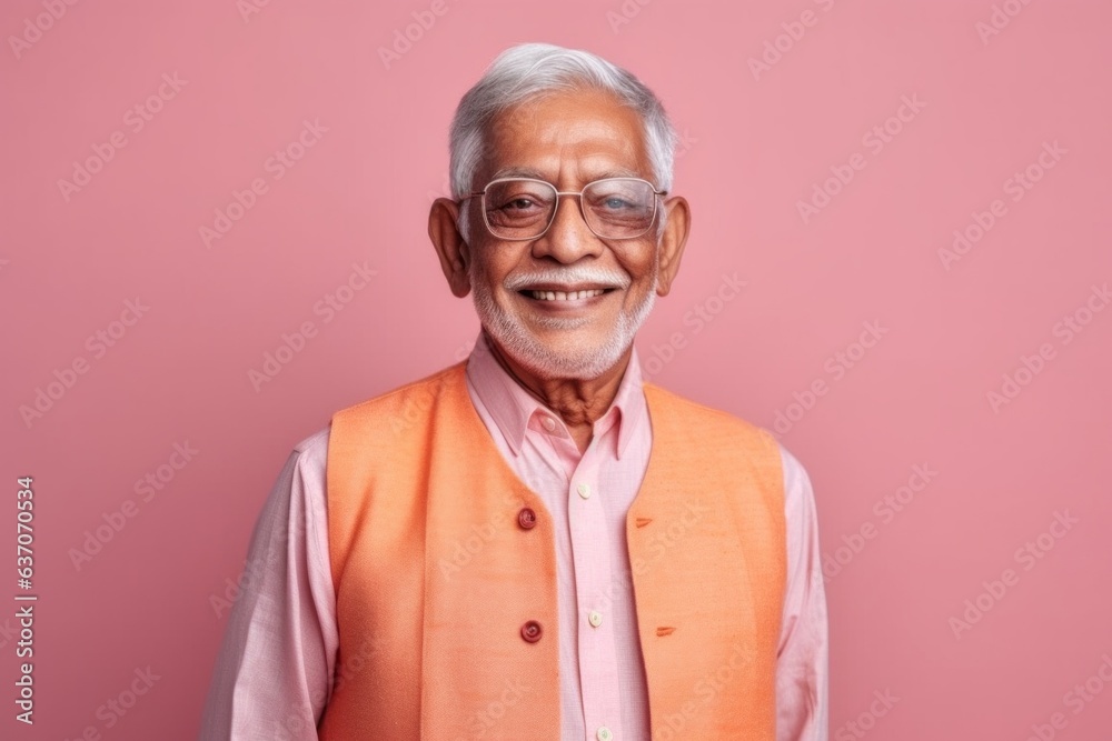 Portrait of happy senior asian man wearing eyeglasses against pink background