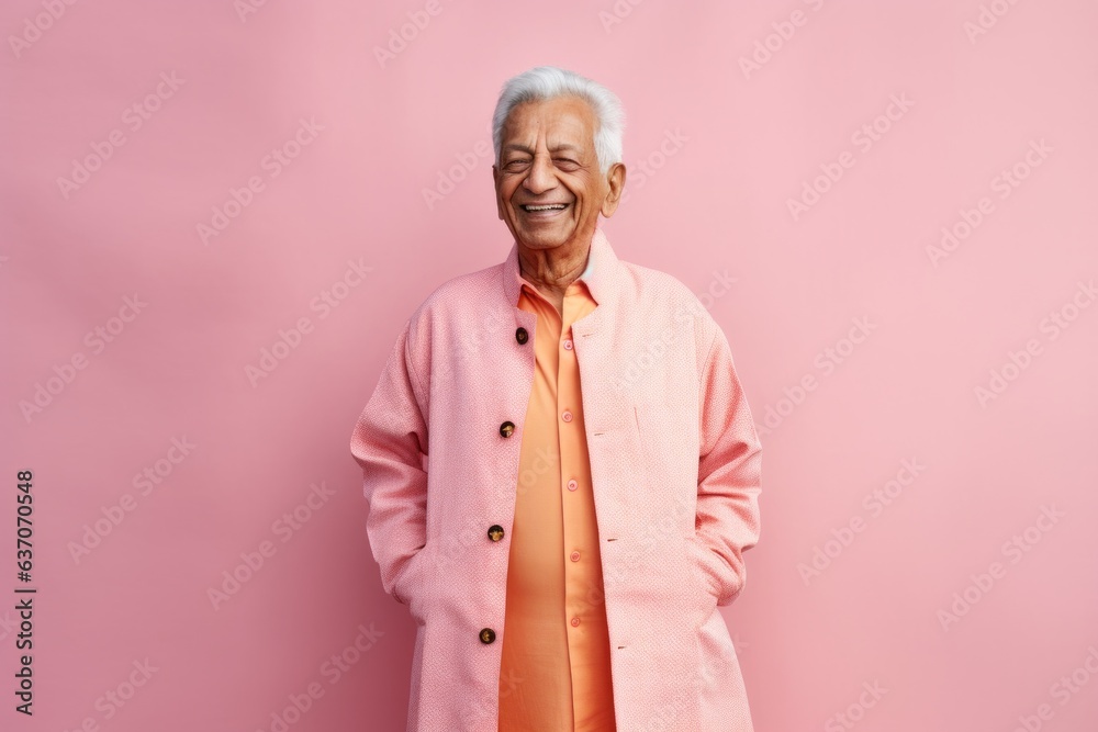 Portrait of a happy senior asian man in pink coat standing against pink background Portrait of a happy senior asian man in pink coat standing against pink background