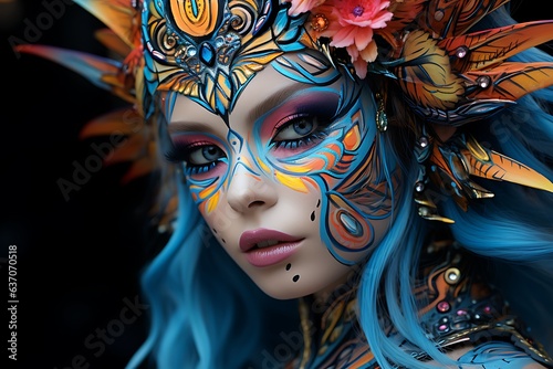 A Girl With A Pretty Peacock-Blue Colored Face Painting