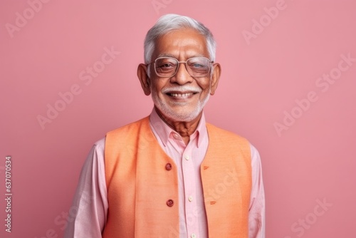 Portrait of happy senior asian man wearing eyeglasses against pink background © Leon Waltz