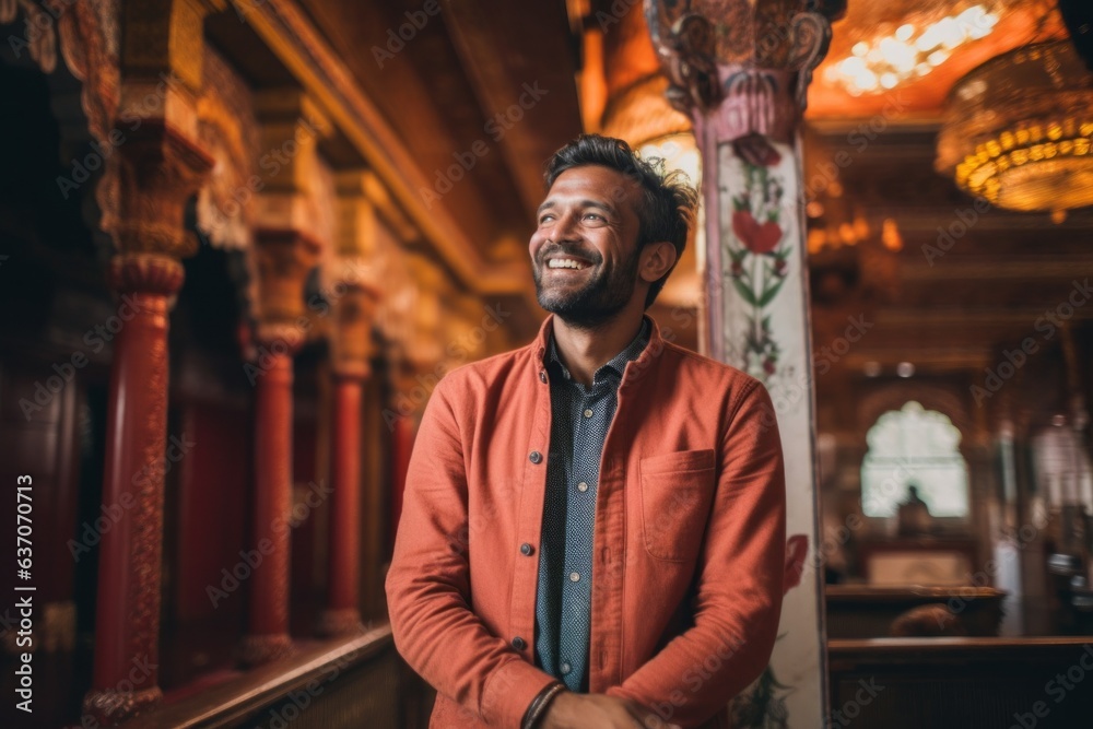Portrait of a handsome Indian man smiling at the camera while standing in a church