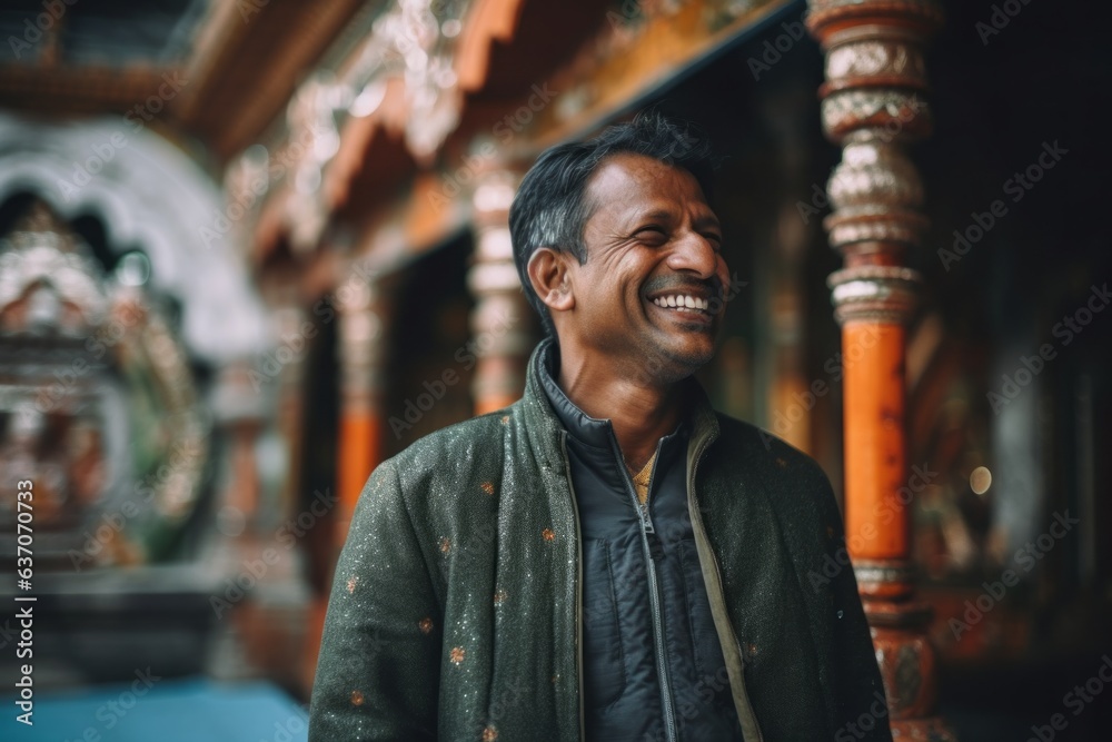Obraz premium Smiling indian man in front of a door in a temple