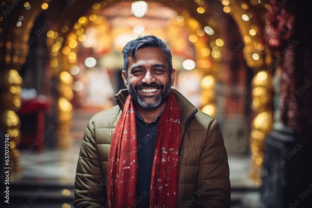 Portrait of a happy Indian man with red scarf in the city