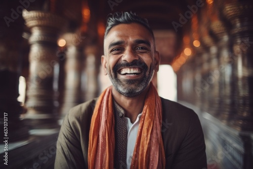 Happy Indian man with orange scarf smiling at camera. He is standing and looking at camera.