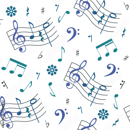 Musical seamless pattern with notes in blue, violet  tones. Vector illustration on a white background. Suitable for textile, page backgrounds, posters, gift paper.