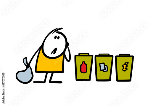Man brought a bag of garbage and does not know where to throw it. Vector illustration of waste sorting, garbage cans, plastic, food and paper waste paper.