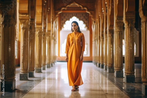 Lifestyle portrait of an Indian woman in her 30s wearing kurta pajama in a mosque