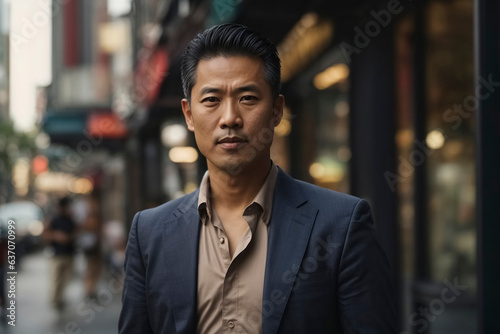 Asian Entrepreneur businessman standing on the sidewalk in the city