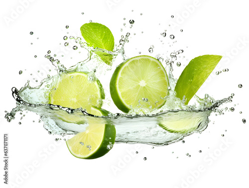 Fresh bitter lime citrus with splashes of water isolated on white background