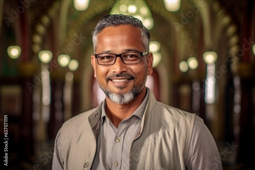 Portrait of a handsome Indian man with eyeglasses in mosque