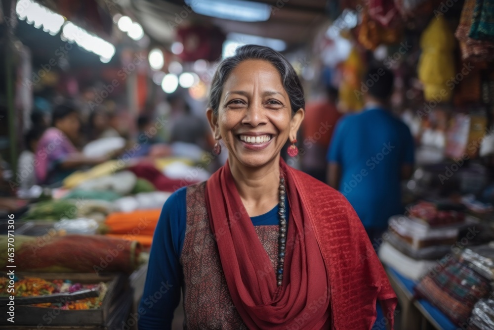 Portrait of a smiling woman at the street market in India.